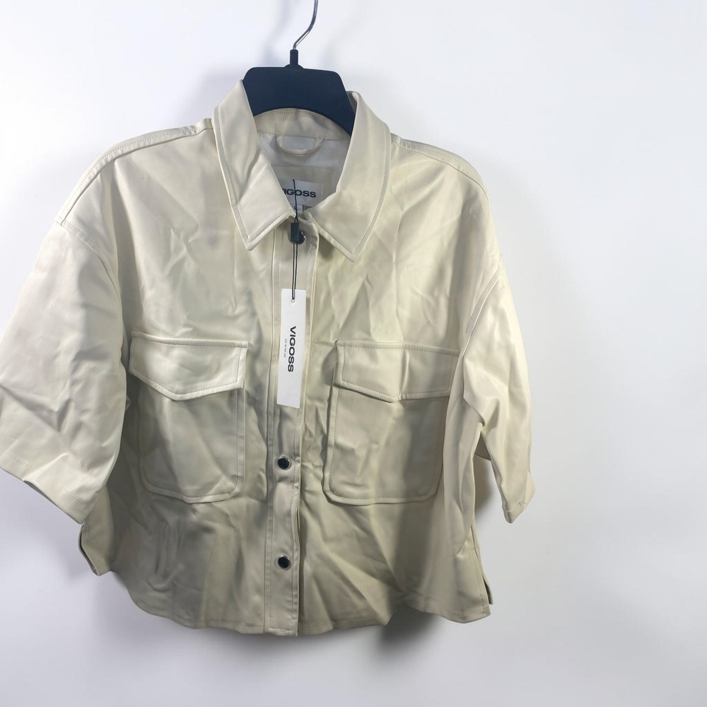 Vigoss Cream Faux Leather Short Sleeve Shirt Jacket NWT Large